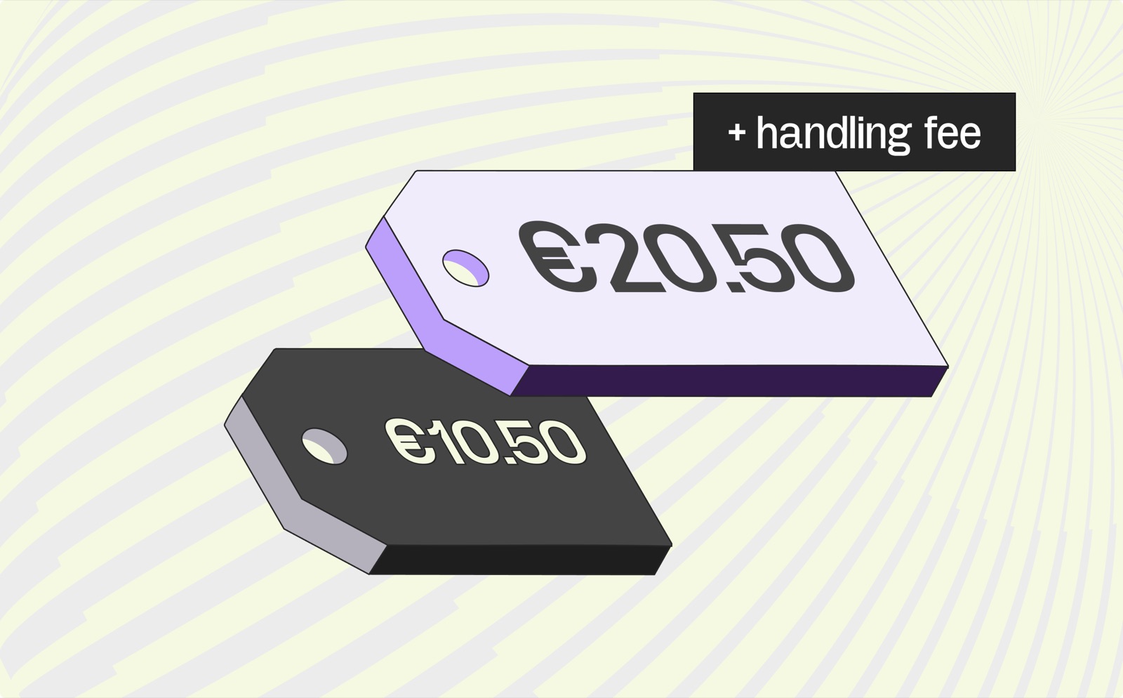 Two price tags for the same parcel: a €10.50 import-VAT bill becoming a €20.50 charge once a courier handling fee is added at the door