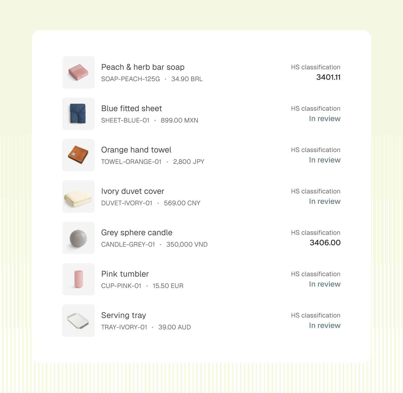 Product catalogue with local prices in several currencies and each product’s HS classification or its review status